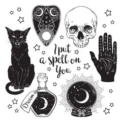 magic set - planchette, skull, palmistry hand, crystal ball, bottle and black cat hand drawn art iso
