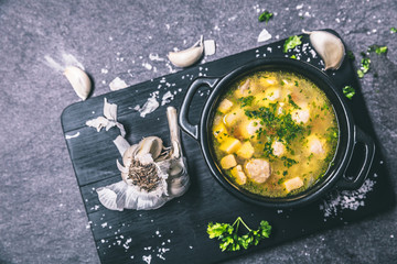 Wall Mural - fresh vegetable soup on the feast day as a top view