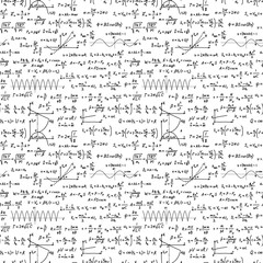 Black hand-drawn complicated scientific formulas and calculations, seamless pattern on white