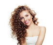 Pretty woman with curly haircut isolated on white. Positive emotion
