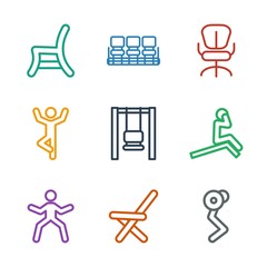 Canvas Print - 9 sit icons. Trendy sit icons white background. Included outline icons such as man doing exercises, outdoor chair, swing, office chair, chair. sit icon for web and mobile.