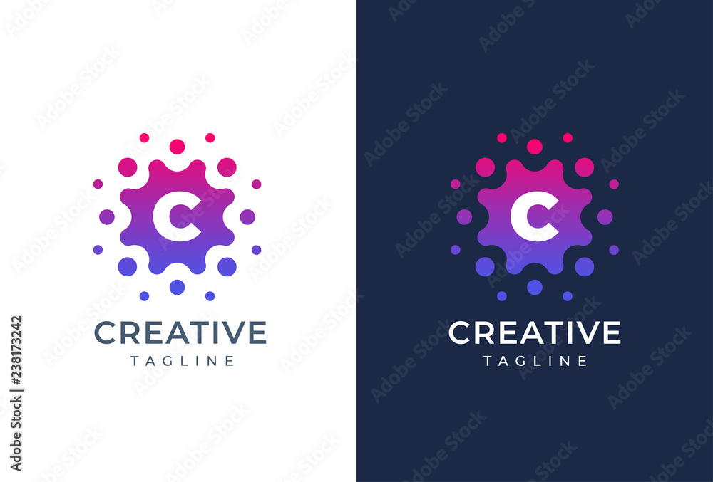 Smart and creative, dots or points letter C logo design template. Geometric dot circle science medicine sign. Universal energy tech planet star atom vector icon. - obrazy, fototapety, plakaty 