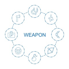 Poster - 8 weapon icons. Trendy weapon icons white background. Included line icons such as sligshot, bomb, paintball, axe, bow, ninja, briefcase with weapon. weapon icon for web and mobile.