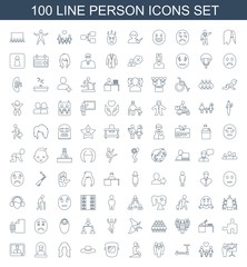 100 person icons. Trendy person icons white background. Included line icons such as teacher, family, kick scooter, group, man doing exercises. person icon for web and mobile.