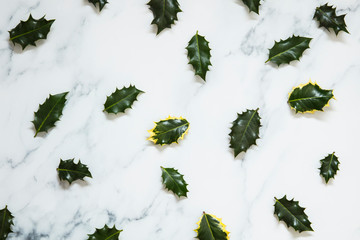 Wall Mural - Christmas layout made from festive holly leaves on a white marble background