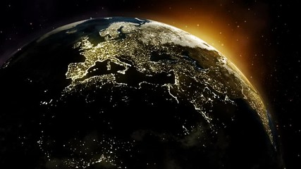 Wall Mural - Sunrise Planet earth with night time city from space animation using satellite imagery (NASA)