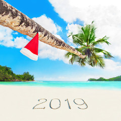 Sticker - Christmas Santa hat on palm at tropical beach season 2019