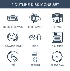 Canvas Print - disk icons. Trendy 9 disk icons. Contain icons such as record player, CPU planet, server, gramophone, disc, diskette, CD, blade saw. disk icon for web and mobile.