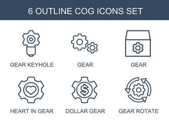 Wall Mural - 6 cog icons. Trendy cog icons white background. Included outline icons such as gear keyhole, gear, heart in gear, dollar gear, gear rotate. cog icon for web and mobile.