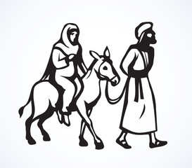 Sticker - Joseph Mary go to Bethlehem. Vector drawing