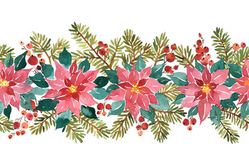 Wall Mural - Watercolor seamless horizontal pattern arangement of poinsettia, spruce and holy berries for Christmas decoration