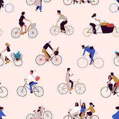Fototapete - Seamless pattern with people riding bikes or bicyclists. Backdrop with men and women on bicycles. Colorful vector illustration in flat cartoon style for wrapping paper, textile print, wallpaper.