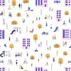 Fototapete - Seamless pattern with men and women walking with children or dogs, riding bicycles, sitting on bench in city suburbs. Backdrop with people performing outdoor activities on street. Vector illustration.