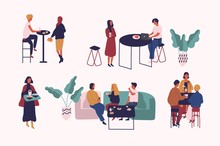 Collection Of People Sitting At Tables, Drinking Coffee Or Tea And Talking To Each Other. Set Of Men And Women At Cafe Or Coffeehouse. Colorful Vector Illustration In Trendy Flat Cartoon Style.