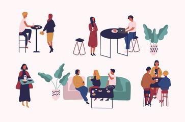 Collection of people sitting at tables, drinking coffee or tea and talking to each other. Set of men and women at cafe or coffeehouse. Colorful vector illustration in trendy flat cartoon style.