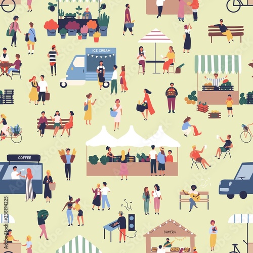 Cuadros en Lienzo Seamless pattern with people buying and selling goods at street food seasonal market