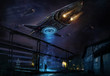 © Rustic - Industrial landscape with strange flying object resembling a spaceship, accompanied by a column of planes and a man filming everything on a mobile phone camera. Digital concept art.
