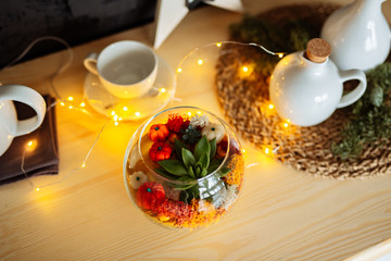 Wall Mural - Decorative houseplants. Florarium with fresh flowers on the table in the kitchen decorated for Christmas.