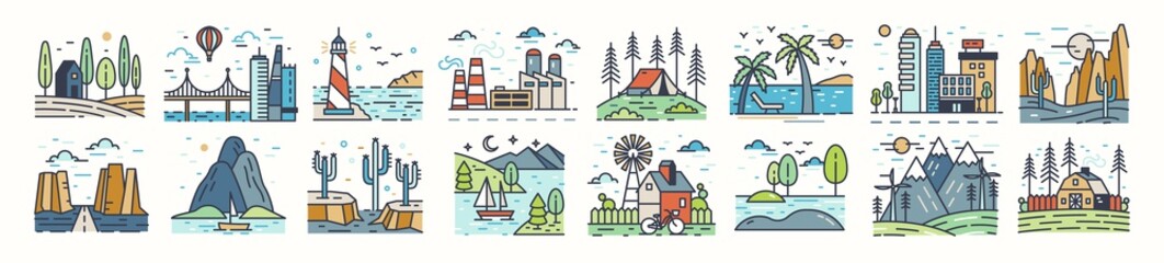 Set of landscape icons or symbols. Collection of beautiful natural sceneries - beach, forest camp, countryside, desert, city, industrial area. Colorful vector illustration in modern line art style.