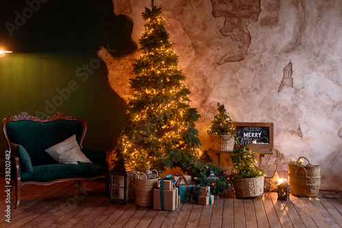 Vintage Christmas Living Room Interior With A Christmas Tree