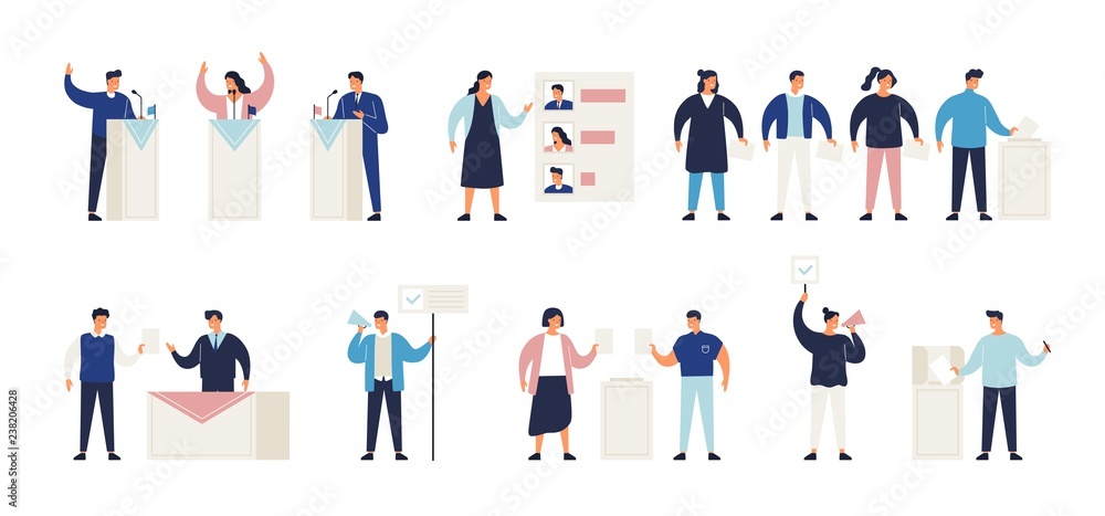 Political election process set. Bundle of people putting ballots in box at polling station, choosing candidate or voting, politicians taking part in debate, agitators. Isometric vector illustration. - obrazy, fototapety, plakaty 