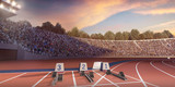 Fototapeta  - Running track. 3D illustration. Professional athletics stadium. Starting line with starting block