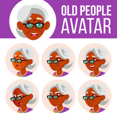 Wall Mural - Indian Old Woman Avatar Set Vector. Hindu. Asian. Face Emotions. Senior Person Portrait. Elderly People. Aged. Emotions, Emotional. Leisure, Smile. Cartoon Head Illustration