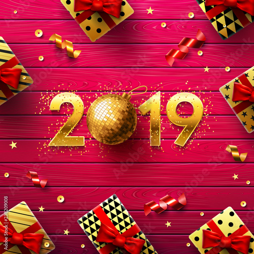 Happy New Year 2019 With Vintage Red Wooden Board On Background