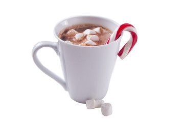 Cup of hot cocoa with marshmallows isolated on white background