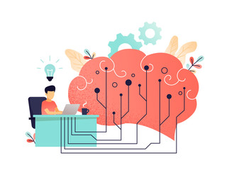 Brain with digital circuit and programmer with laptop. Machine learning, artificial intelligence, digital brain and artificial thinking process concept, living coral palette. Vector illustration.