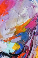 Fragment. Multicolored texture painting. Abstract art background. oil on canvas. Rough brushstrokes of paint. Closeup of a painting by oil and palette knife. Highly-textured, high quality details.