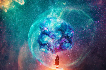 Wall Mural - abstract little girl imagining other worlds in a center of a glowing galaxy