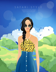 Young woman in animal print dress standing in front of beautiful landscape background : Vector Illustration