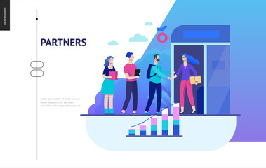 Wall Mural - Business series, color 2 - partners -modern flat vector illustration concept of people shaking their hands in the office entrance. Business workflow management. Creative landing page design template