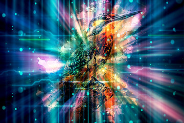 Canvas Print - artistic multicolored beautiful bird glowing in a visualized colorful background