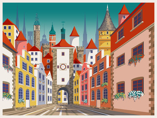 Wall Mural - Medieval fantasy urban landscape. Handmade drawing vector illustration.