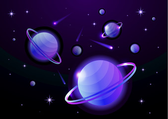 fantastic space background with planets with ring, stars and comets. astronomy and space, celestial 