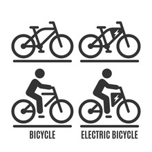 Vector Isolated Bicycle And Electric Bike Icon. Cycle No Human And With Rider On Road Silhouette Symbol.