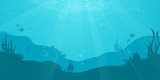 Underwater cartoon flat background with fish silhouette, seaweed, coral. Ocean sea life, cute design