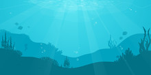 Underwater Cartoon Flat Background With Fish Silhouette, Seaweed, Coral. Ocean Sea Life, Cute Design