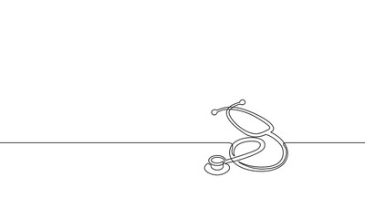 Medicine stethoscope single continuous line art. Health care World Day medical science research doctor nurse equipment silhouette concept design one sketch online drawing white vector illustration