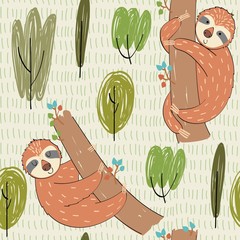 Poster - Seamless pattern. Vector hand drawn illustration with funny sloths.