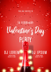 Wall Mural - Happy Valentine's Day holiday party flyer. Vector illustration with top view on realistic bottle of champagne, garland, red serpentine and confetti. Invitation to nightclub.