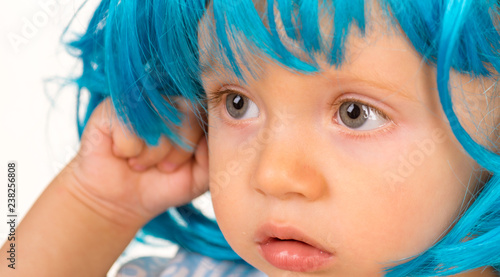 Funky Beauty Small Child Wear Blue Wig Hair Small Kid In Fancy