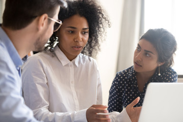 Poster - Employees with female African American leader working on online project together, using laptop, mentor, coach giving instructions, talking about business strategy with interns, subordinates