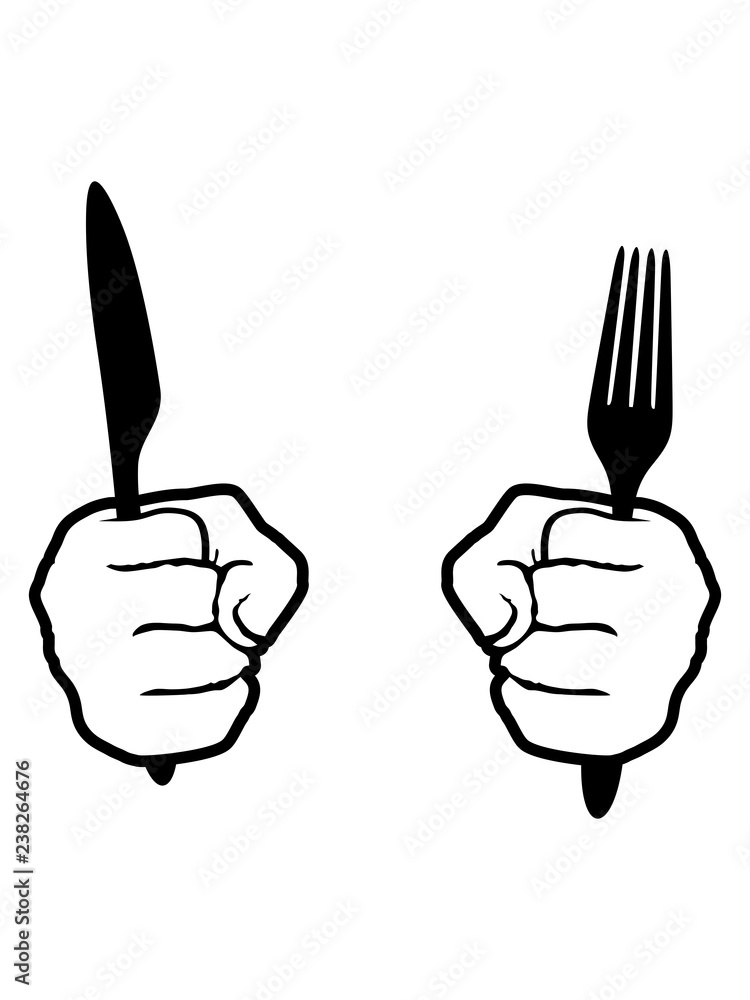kontur 2 hände gabel messer besteck essen gehen hunger mittagessen lecker restaurant teller koch chef grill meister schürze clipart design Stock Illustration