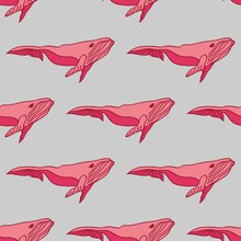 Seamless Pattern With Pink Whale In Cartoon Style
