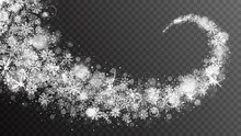 Vector Christmas Swirling Snow Effect With Realistic Bright Snowflakes And Lights Overlay On Transparent Background. Merry Xmas And Happy New Year Holidays Abstract Illustration
