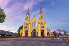 Church Of San Francisco At Plaza De Armas Square At Sunset - Castro, Chiloe Island, Chile