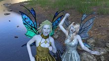 3d Illustration Of Two Beautiful Winged Fairies Dancing Near A Stream Having Fun.
